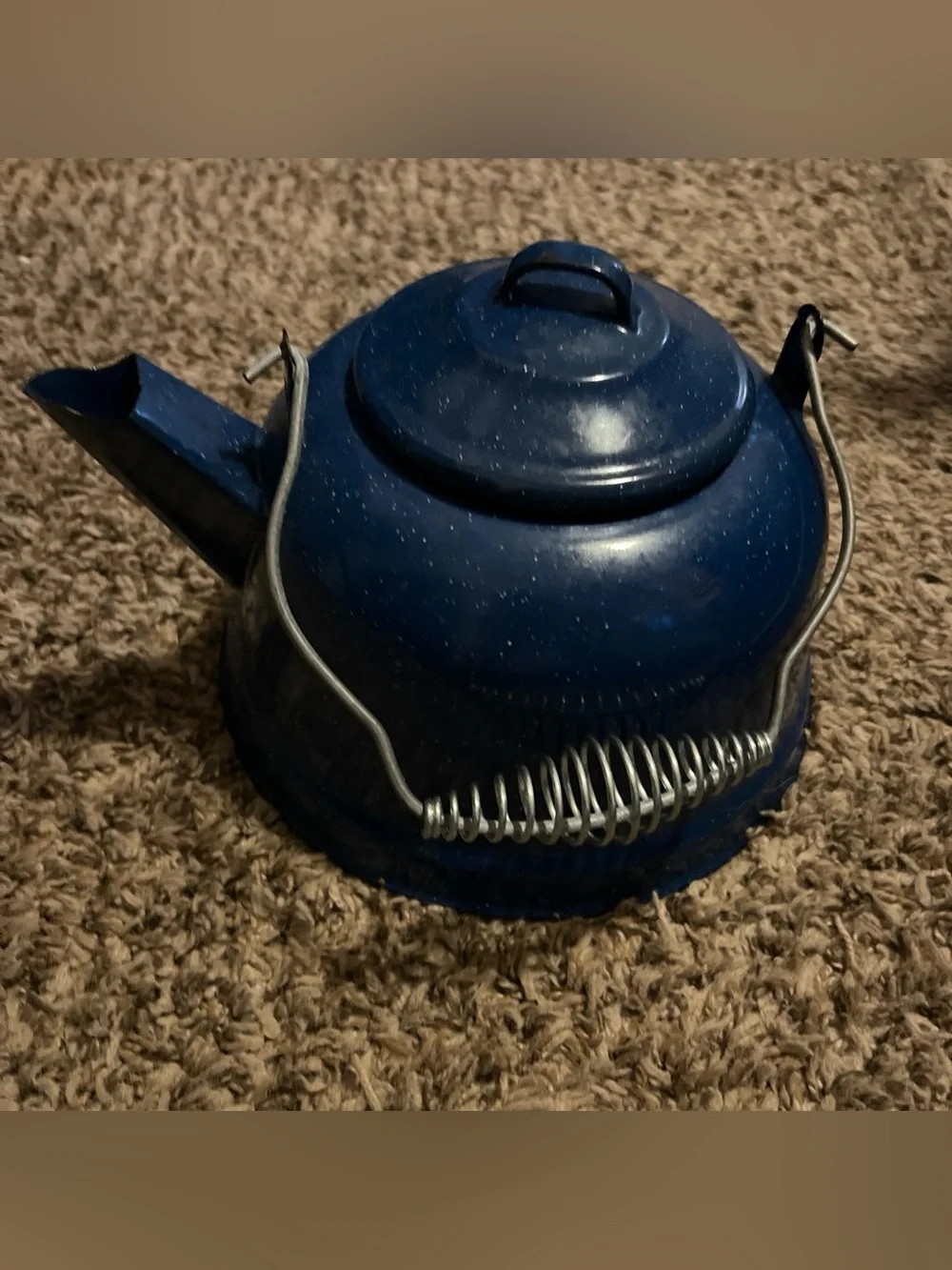 Blue Enamel Tea Kettle with Spring Handle